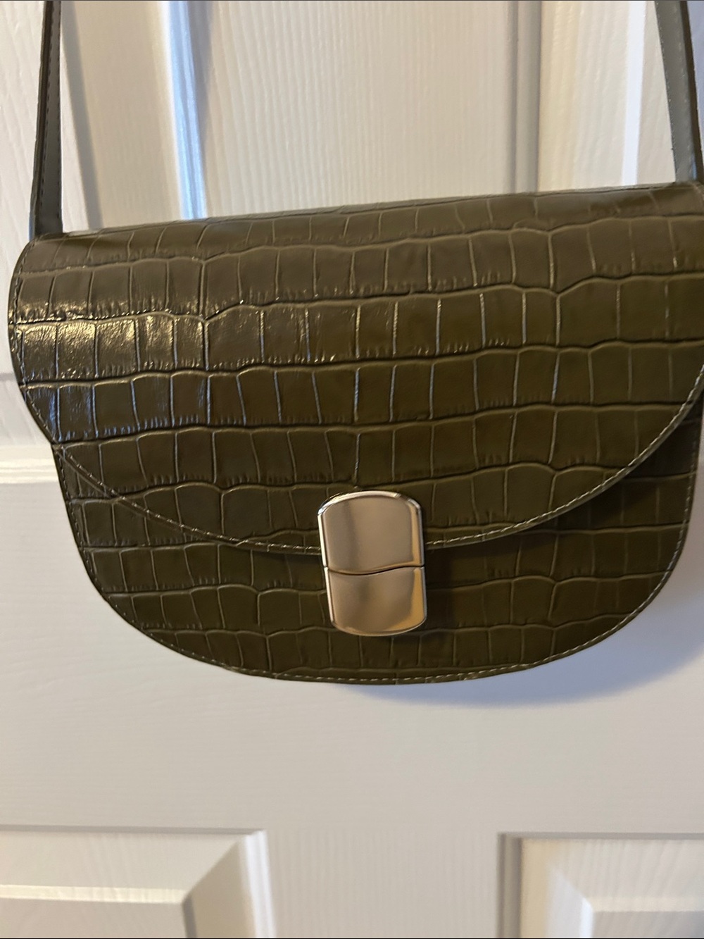 Sezane Olive Croc-Embossed Crossbody with Gold Lock